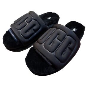 UGG Maxi Graphic Slide Sandals Black Furry Comfort Womens Size
